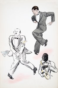 Two gentlemen in black tie dancing to jazz, played by a musician on the saxophone, from White Bottoms, pub. 1927